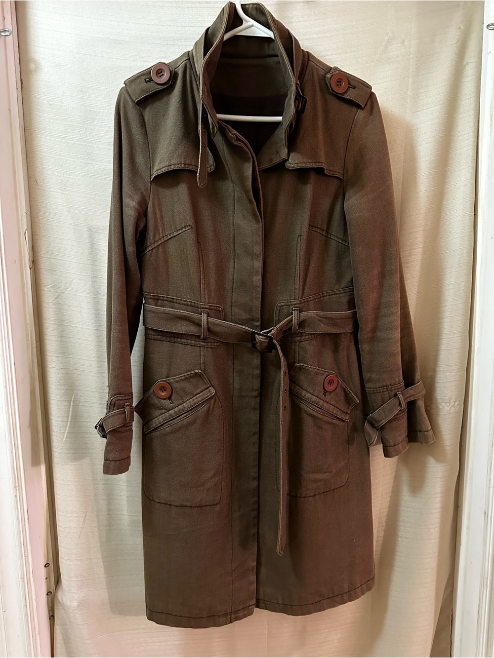 Esprit Y2K Cotton Military Trench Coat Belted Utility Jacket Brown Epaulets